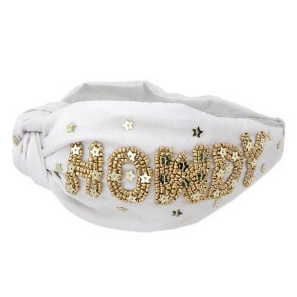 HOWDY Gold Star Beaded Sparkle White Top Knot Headband NEW - Picture 2 of 5
